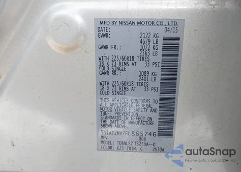 2015 Nissan Rogue Sl from USA, damaged, VIN 5N1AT2MV2FC865746